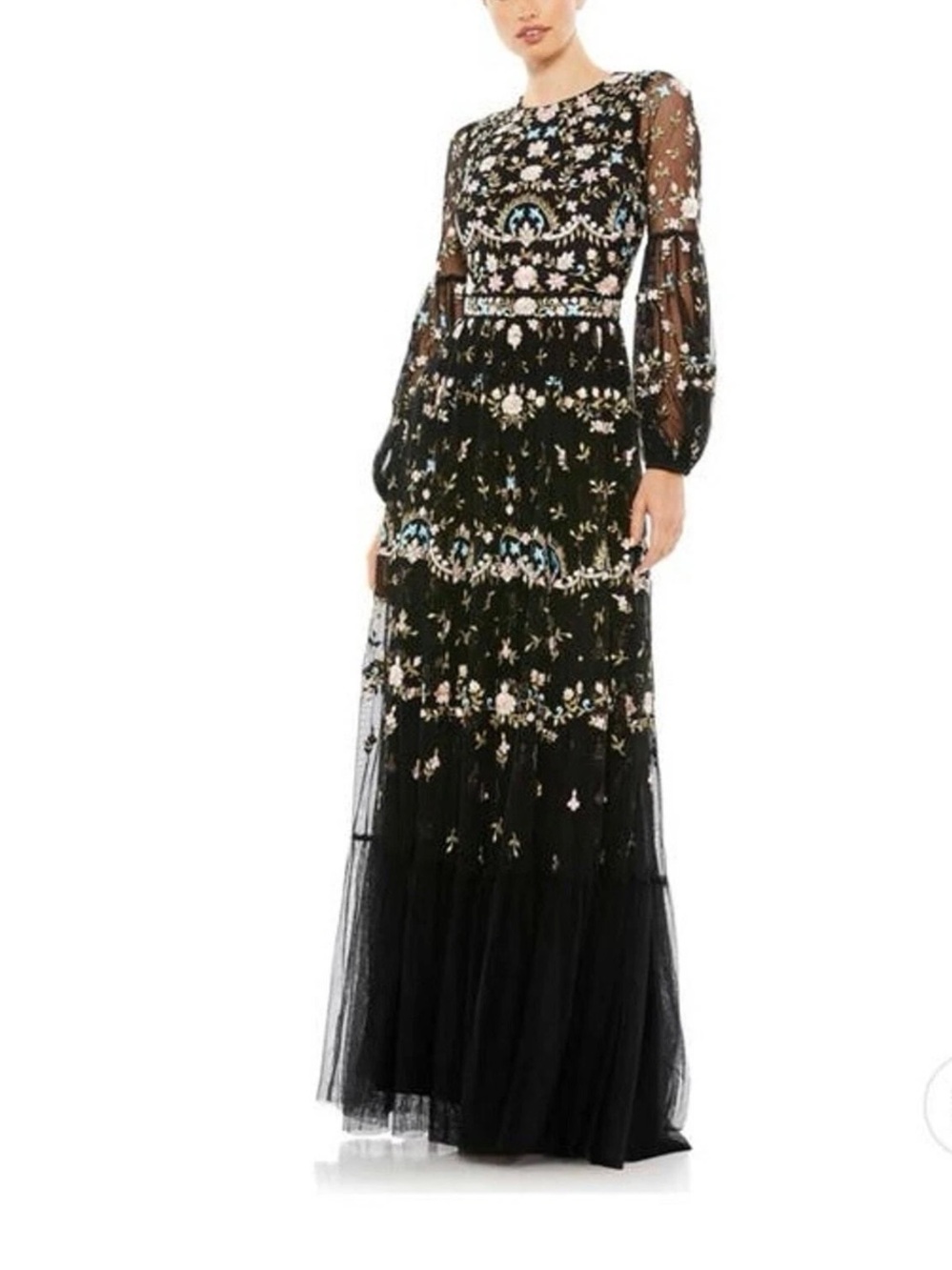 Mac Duggal 35111 Floral Embroidered Embellished Gown Blouson Sleeves Size 8 NWT